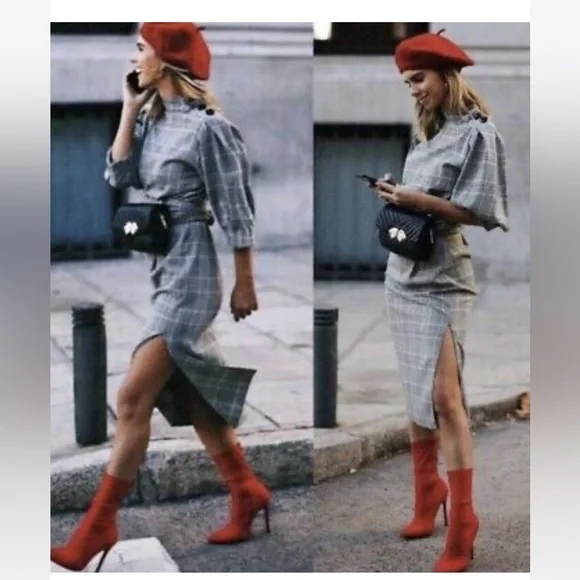 ZARA gray plaid checkered puff sleeve dress M - Picture 2 of 13